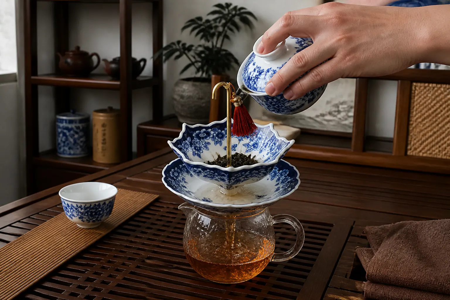 Clear tea pouring through the umbrella strainer into a glass pitcher with leaves held back on top