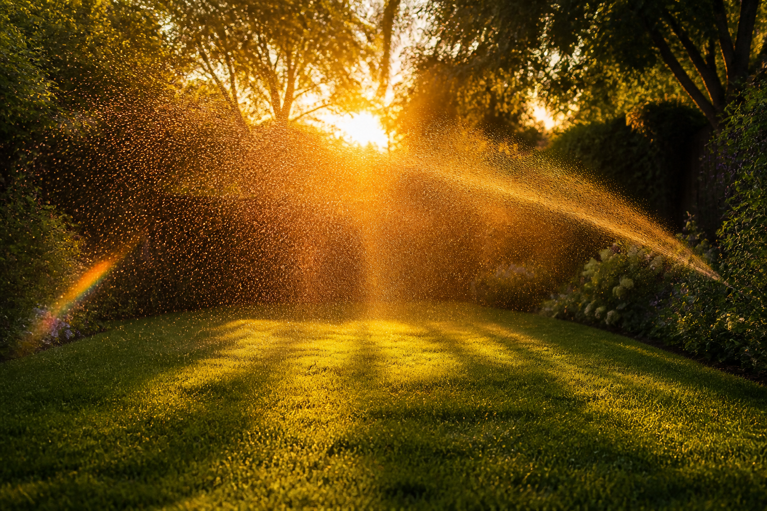 The dancing flower sprinkler throwing a golden arc of water while kids and a dog play at sunset