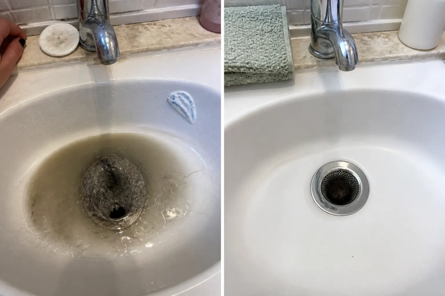 Stainless mesh basket full of caught hair beside a clean draining sink