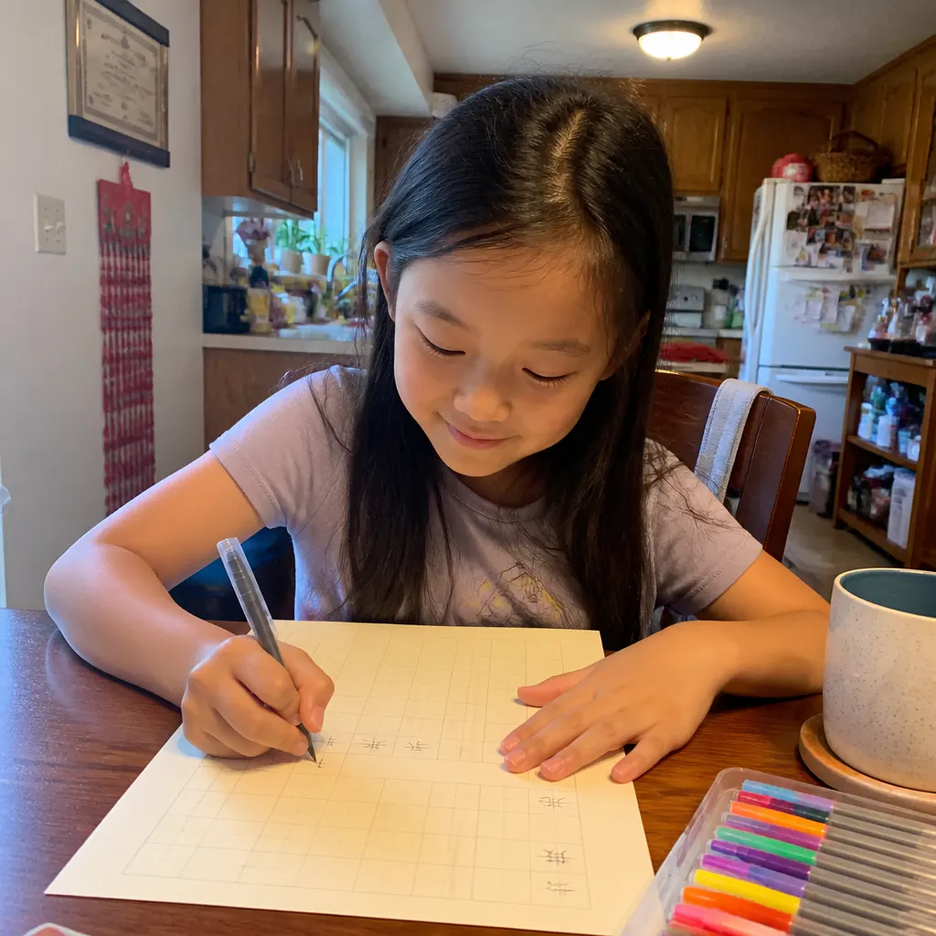 A child's hand writing letters in a grooved practice grid, with a nearby word already fading away