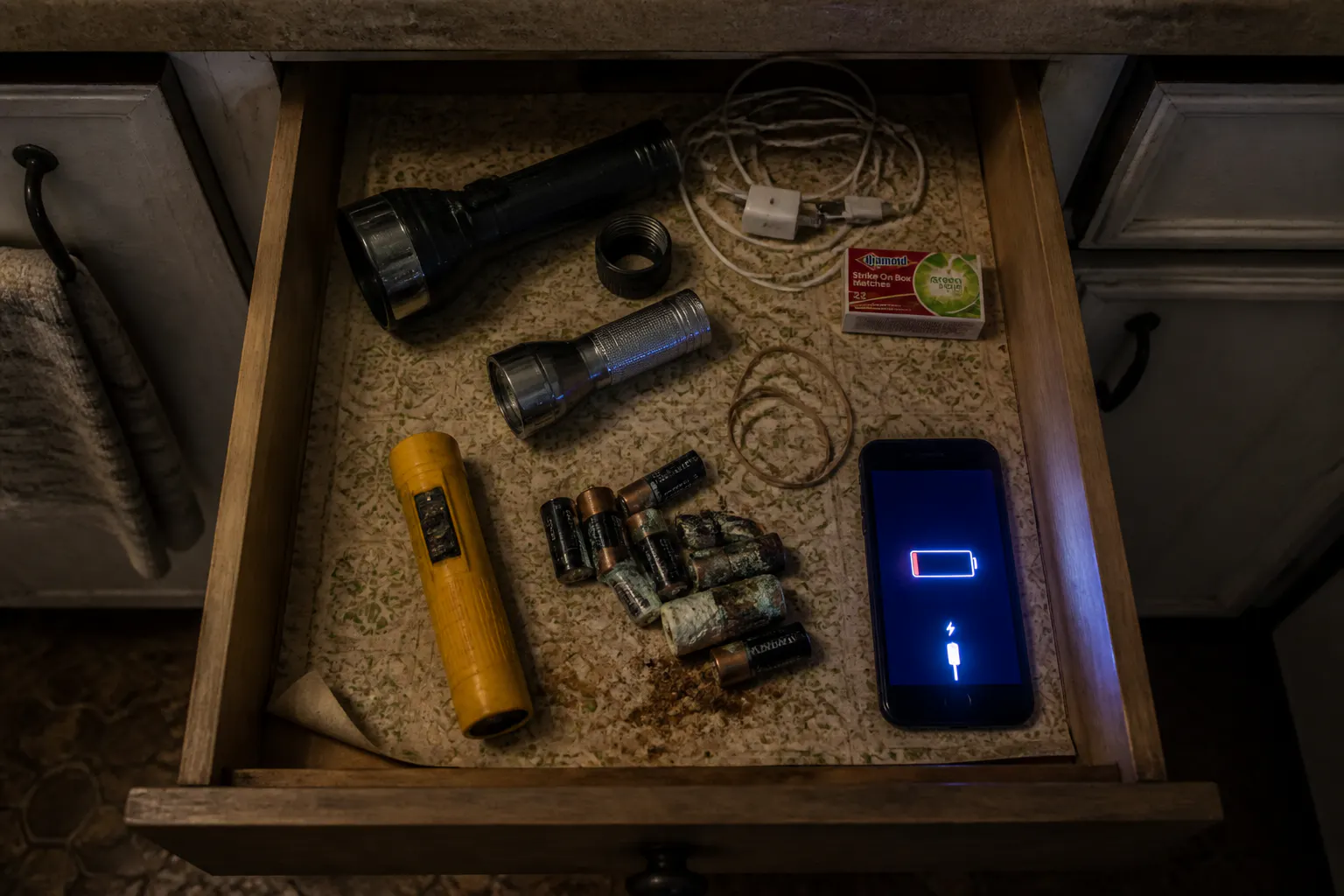 A drawer full of dead flashlights and leaked batteries