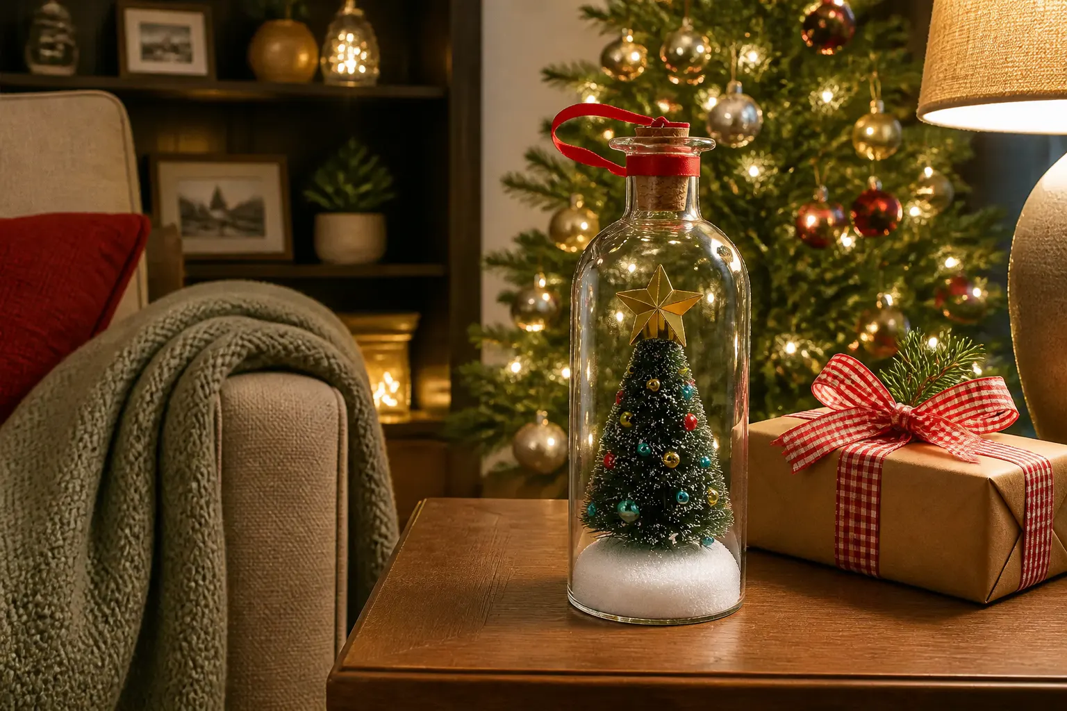 Candlelit glass message bottle hanging on the Christmas tree at night