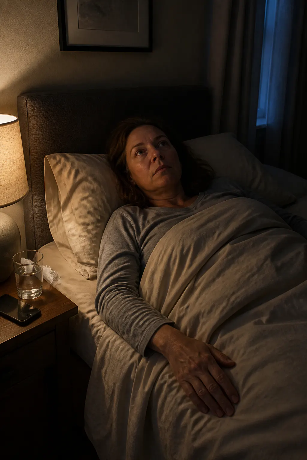 A tired adult lying awake in a dim bedroom