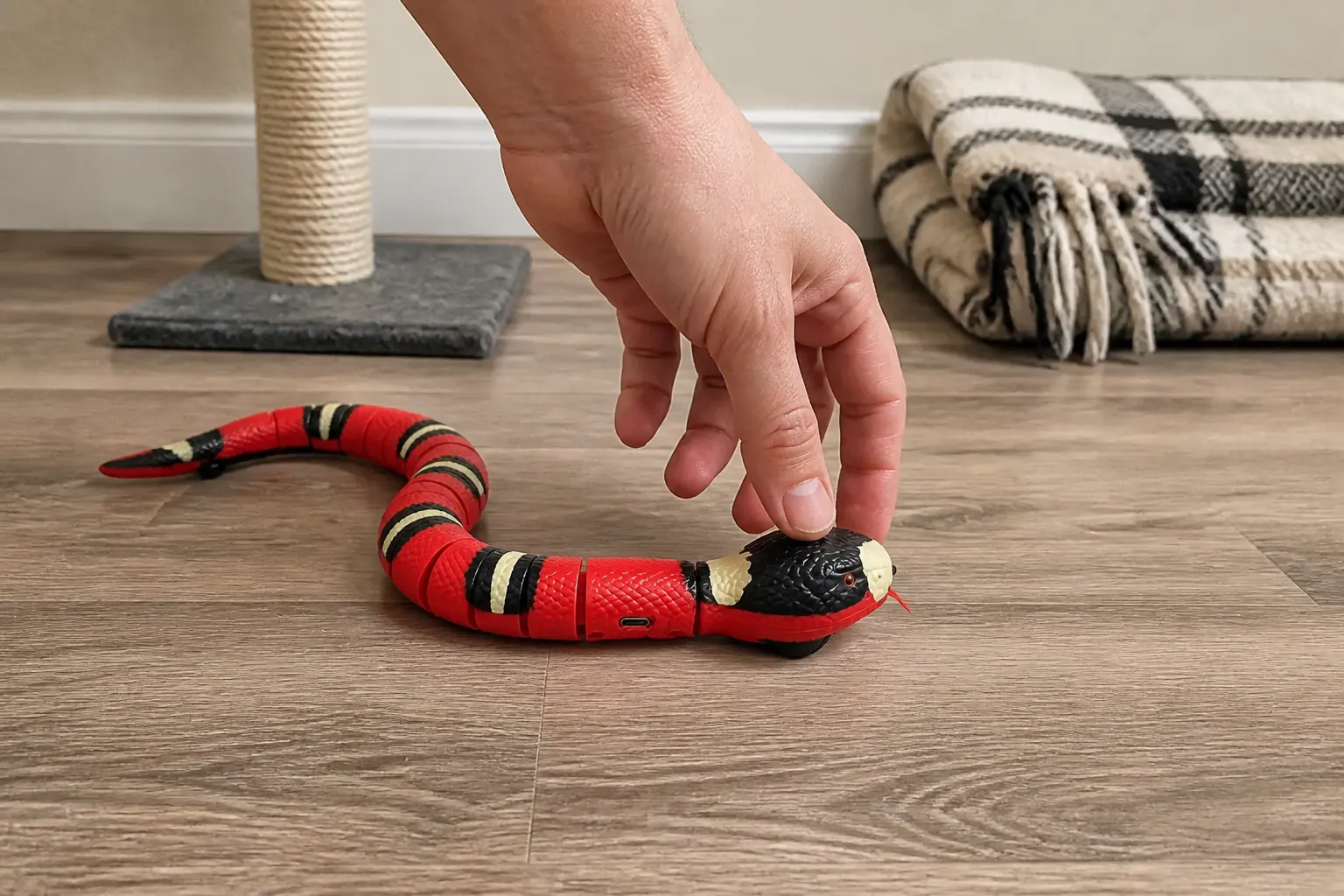 Cat parent switching on the Ventra snake toy and setting it on a wood floor