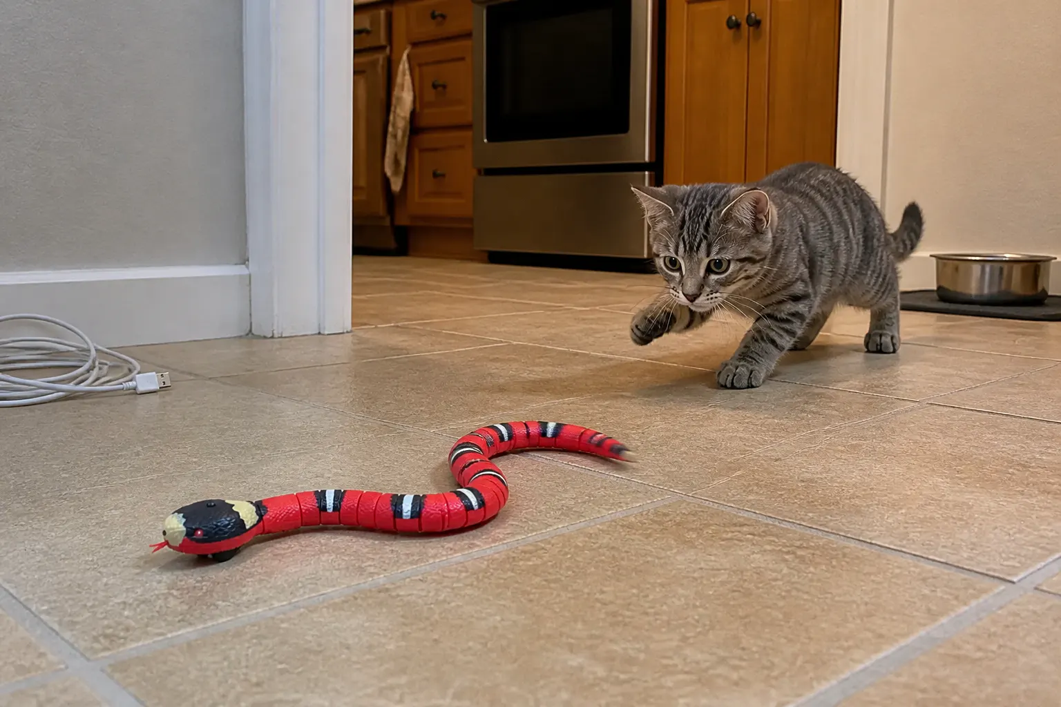 Ventra snake toy slithering in an S-shape as a cat approaches on tile