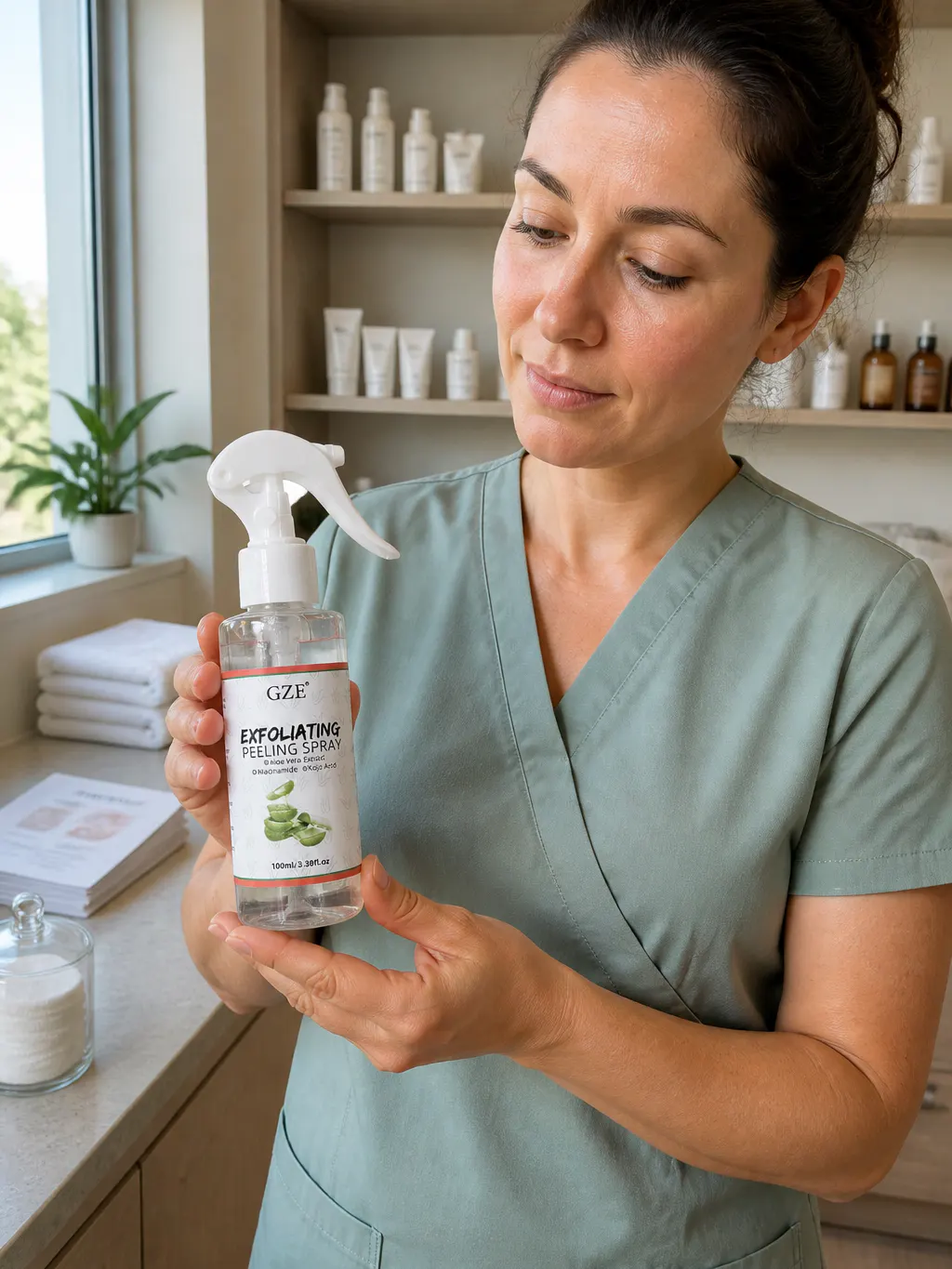 Licensed esthetician presenting the SmoothMist Exfoliating Peel Spray