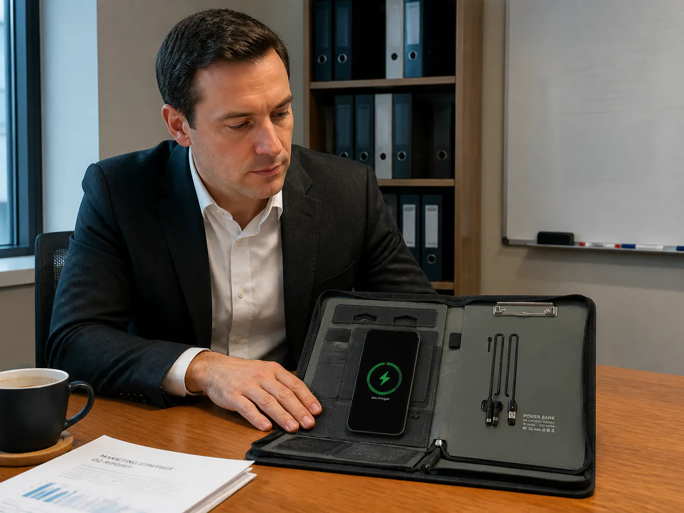 The case open at a client meeting table with notes underway and a phone on the charging panel
