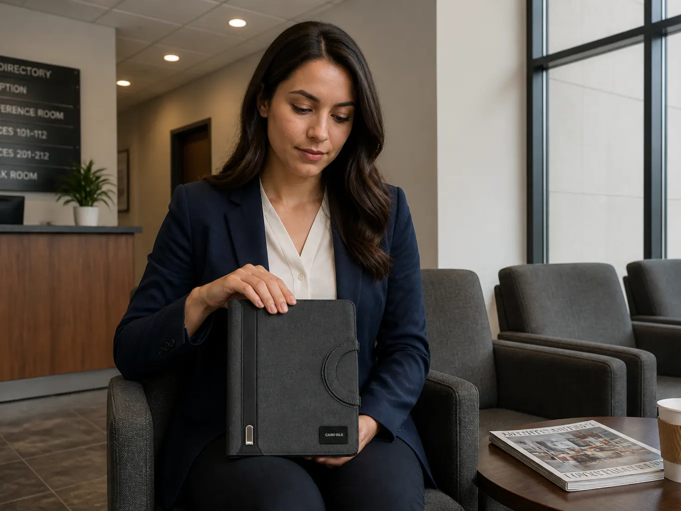 A person waiting at a reception area with the zipped case resting on their knee