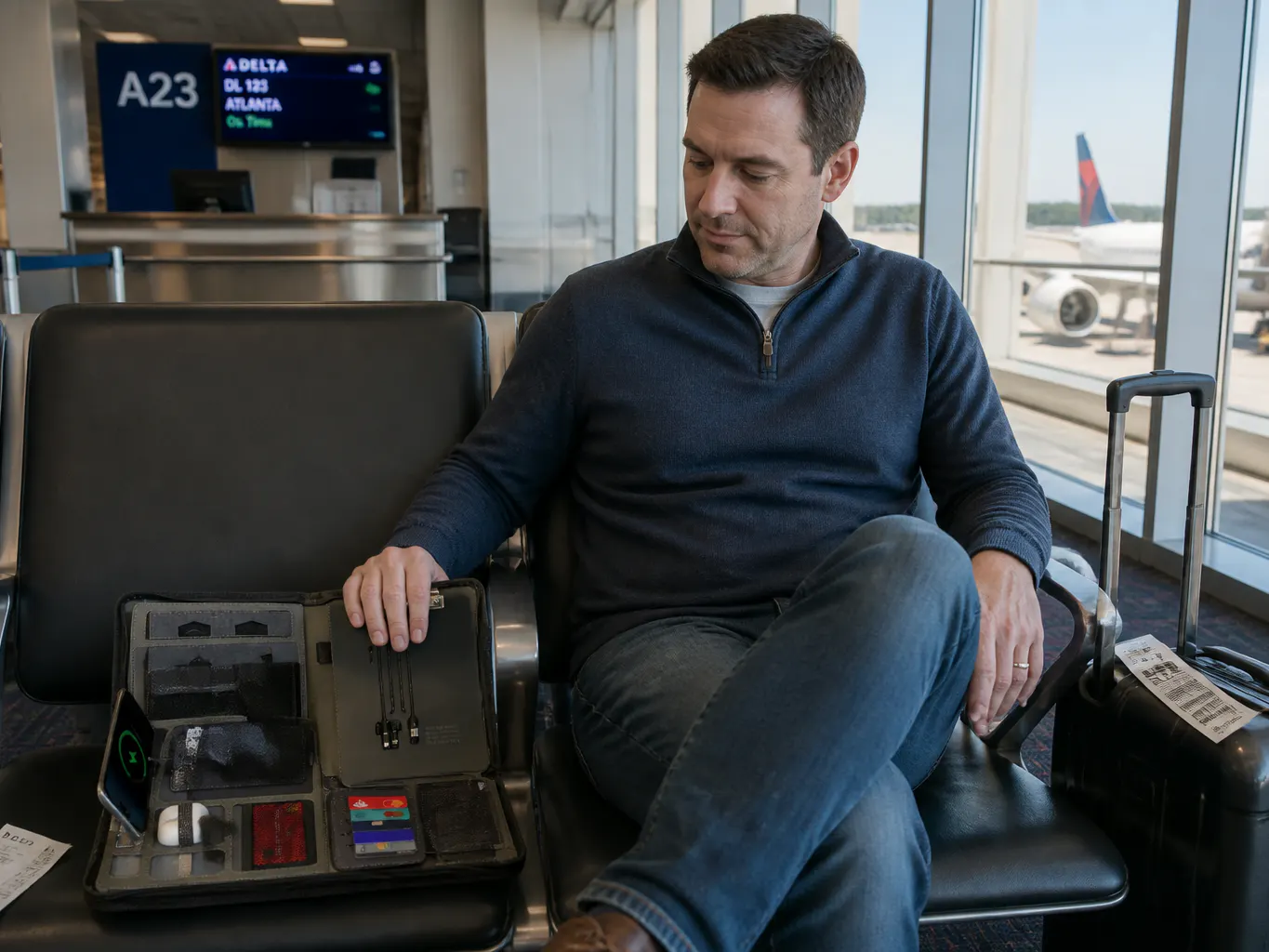 The zipped case carried under one arm through an airport terminal