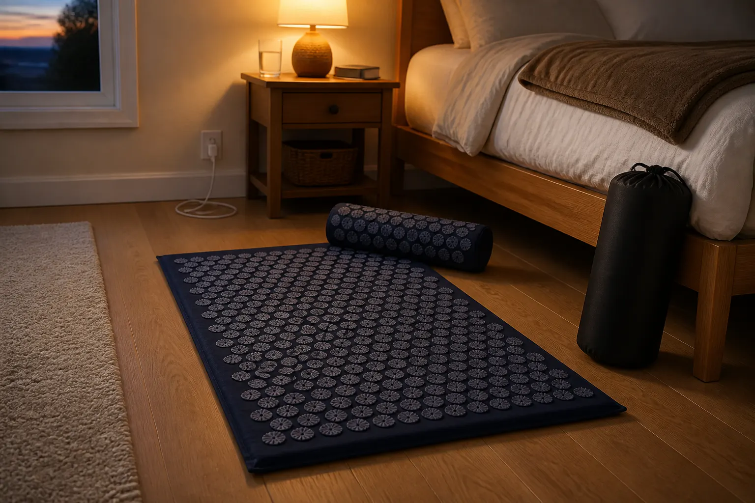 The acupressure mat laid out in a calm, warm-lit wellness setting