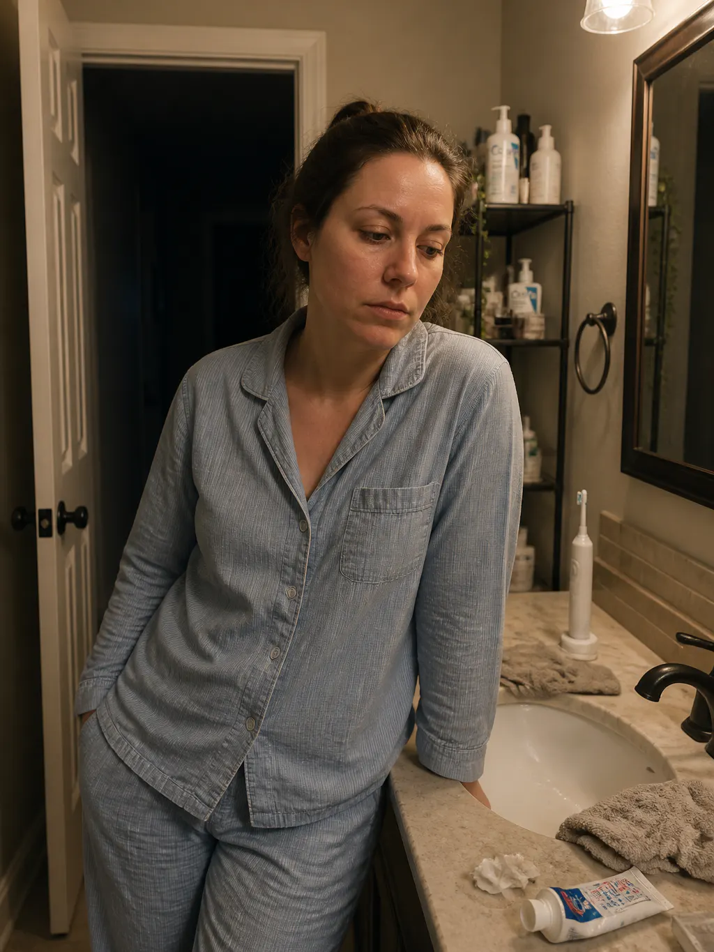 Unused electric toothbrush on a dim bathroom counter late at night