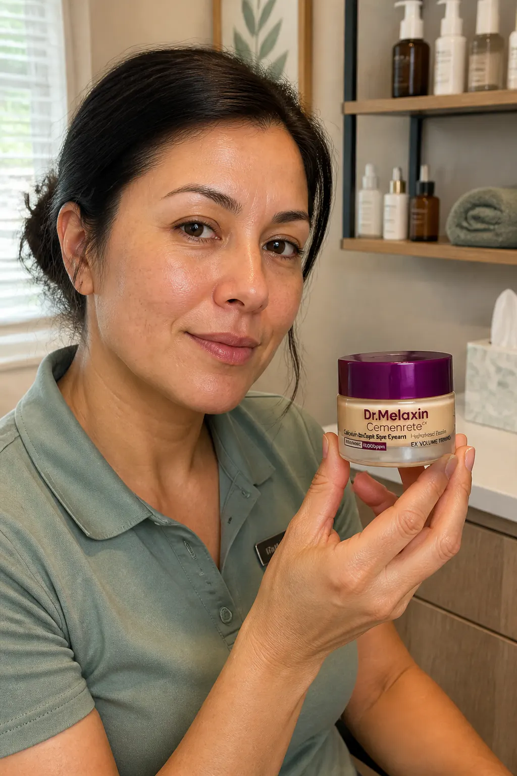 Licensed esthetician holding the eye cream