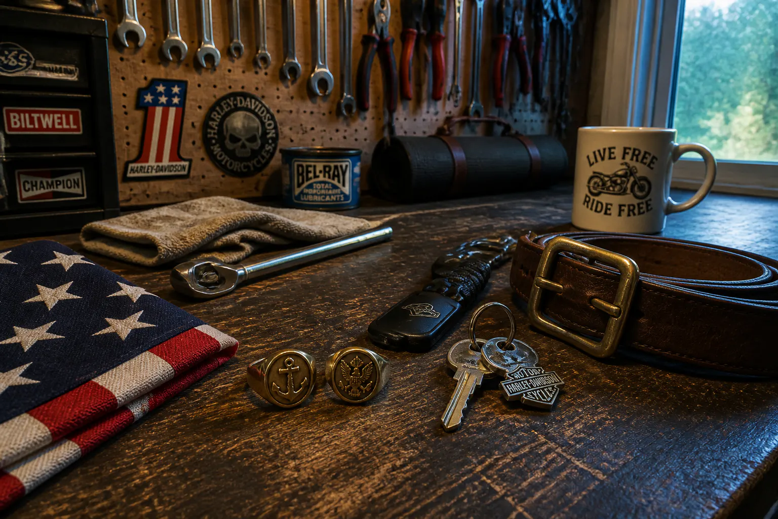 The wallet on a worn dresser beside a knife, keys, and rings