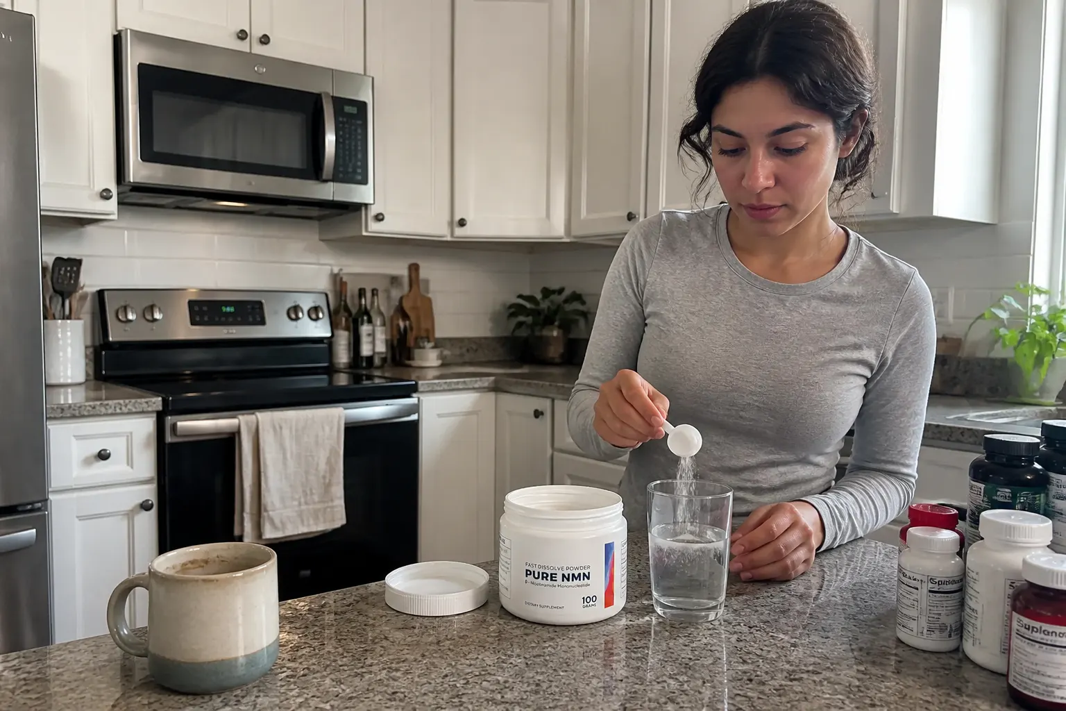 A hand scooping Ventra NMN powder from the open tub