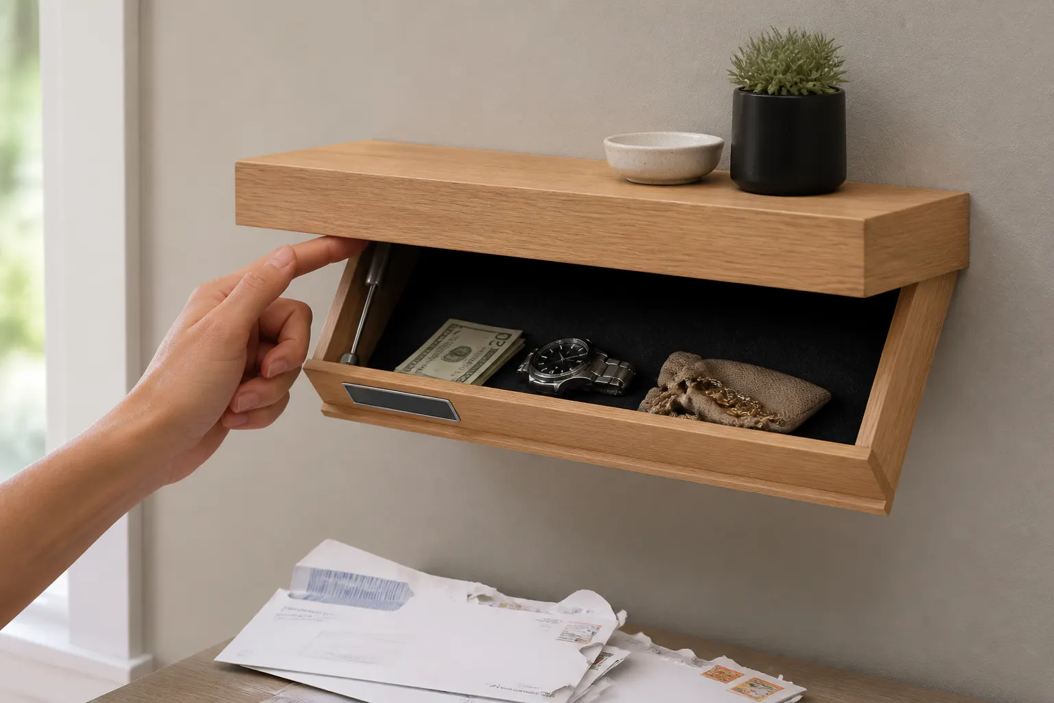 Pressing the hidden latch so the felt-lined drawer drops open in one motion