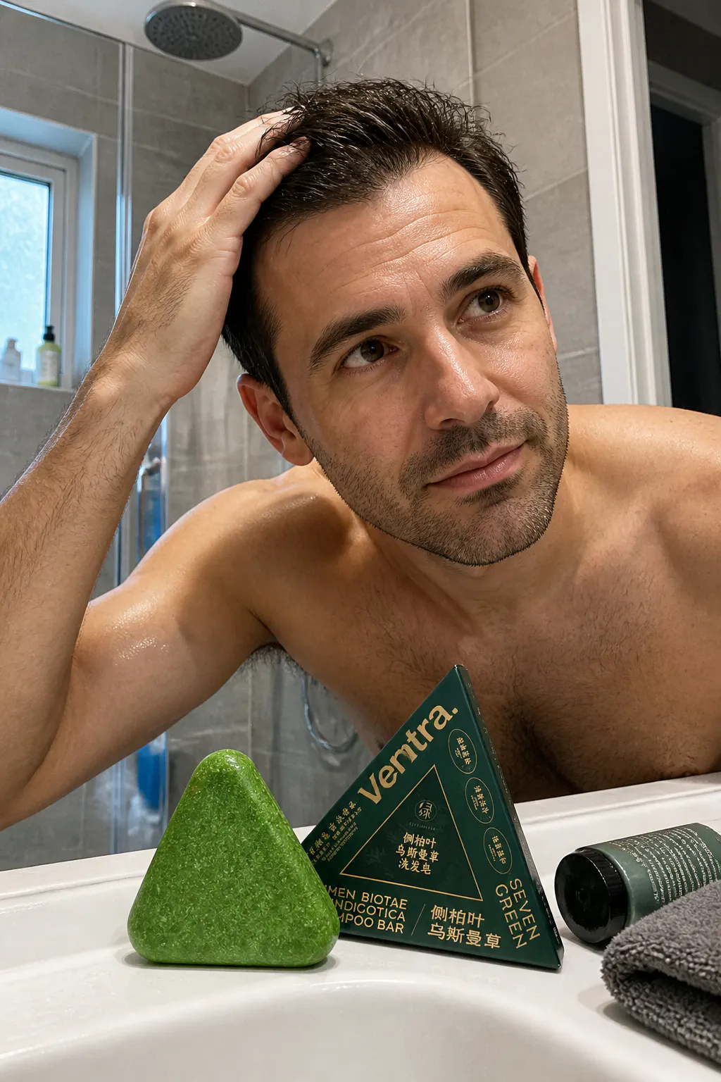 Ventra green herbal scalp treatment bar held in a mans hand