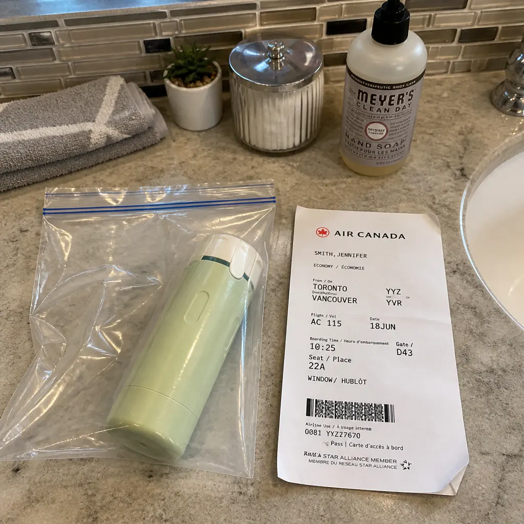 QuadPour unit inside a clear quart-sized bag next to a boarding pass