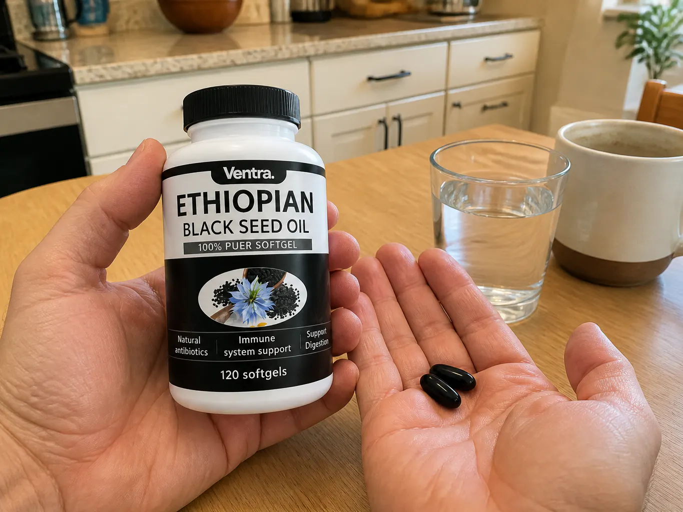 Taking two black seed oil softgels with water