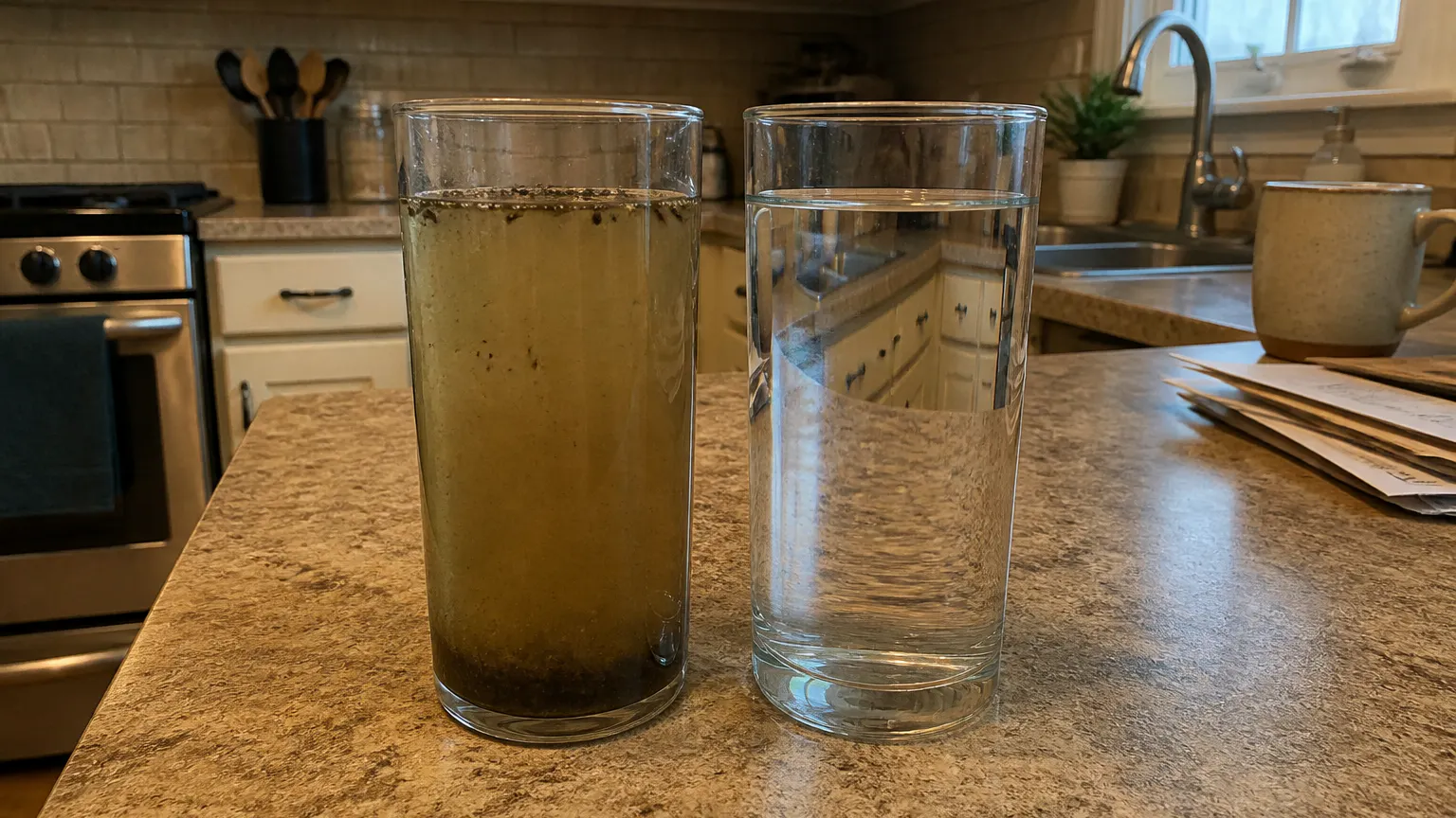 Cloudy source water beside a glass of clear filtered water