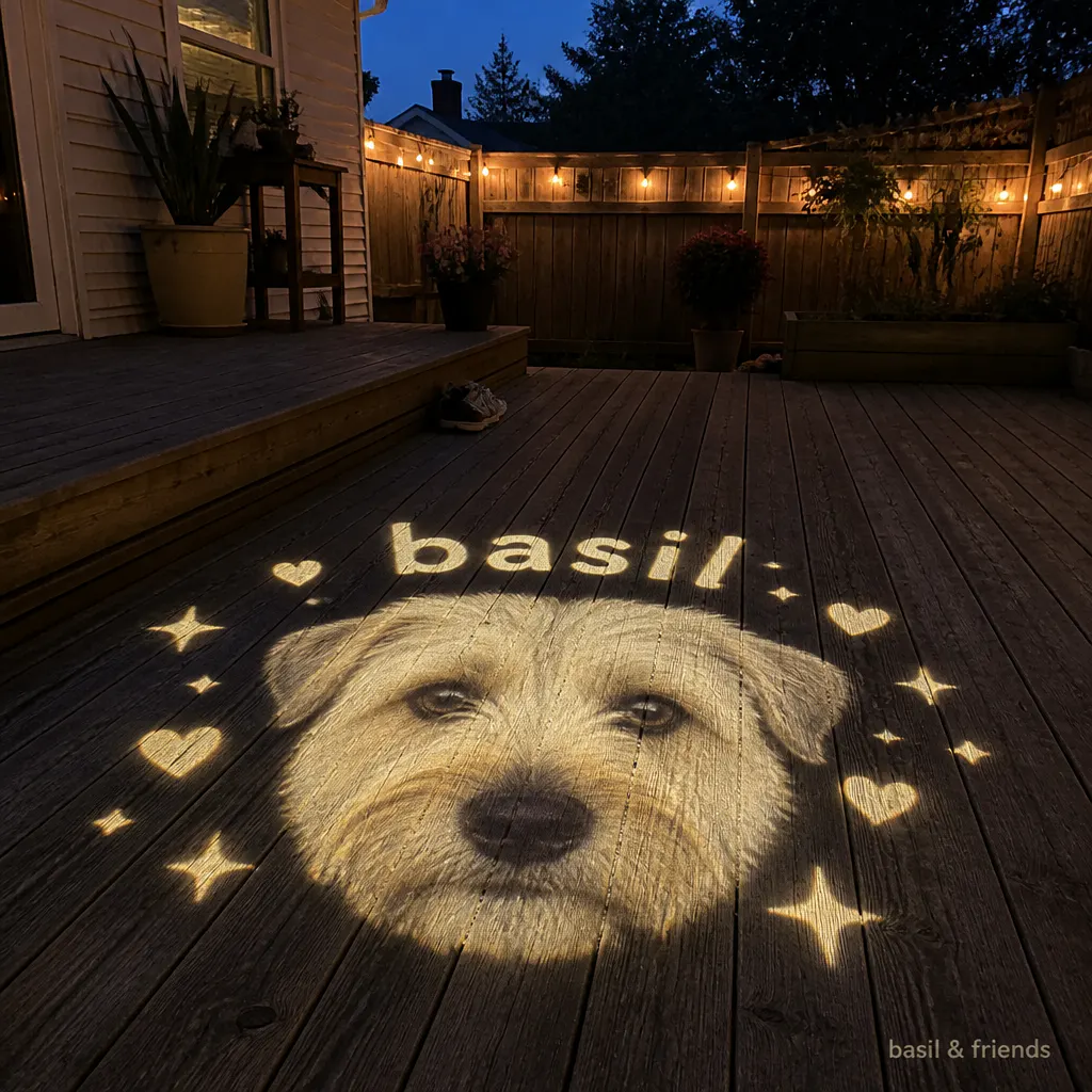 A happy dog on a night walk with its face and name glowing on the path