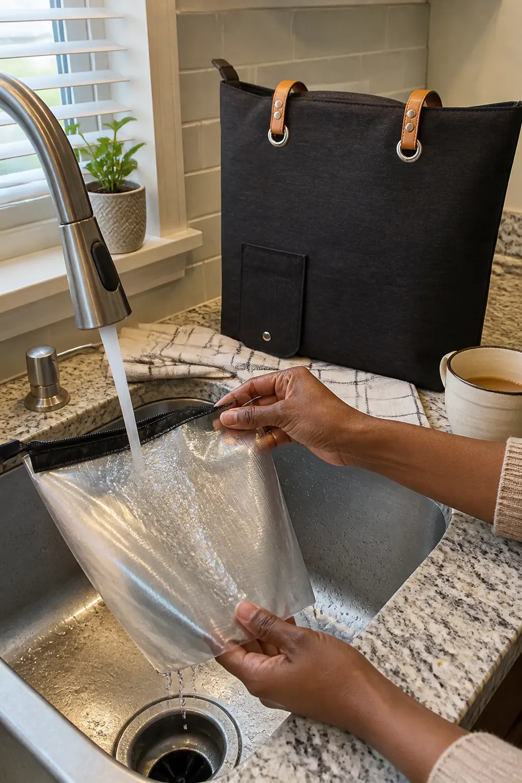 Removable food-grade pouch rinsing under water beside the intact tote