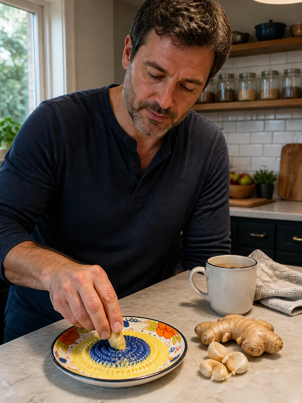 A garlic clove rubbed against the raised painted ceramic teeth, fine paste and juice pooling in the glazed well