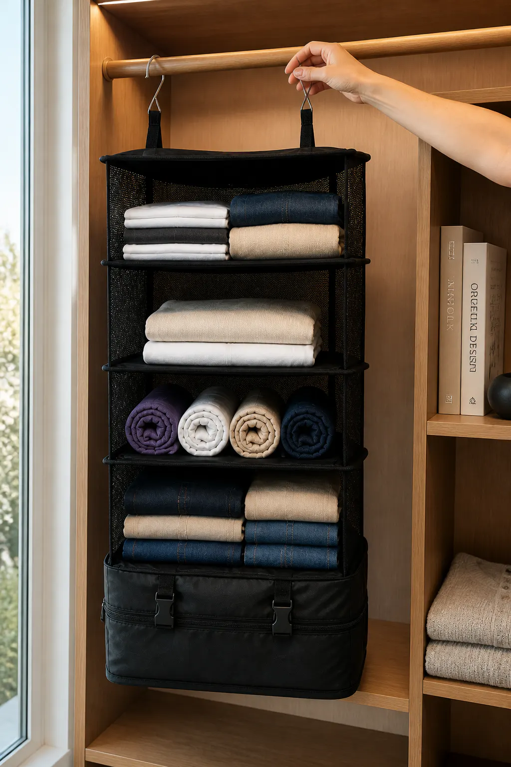 The organizer hung in a closet with clothes on visible shelves
