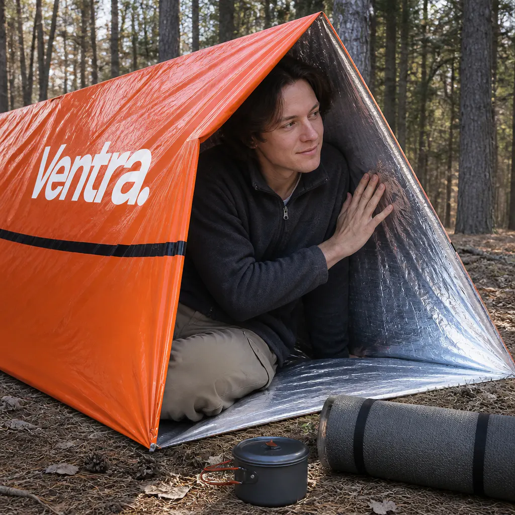 High-visibility orange shelter standing out in a landscape