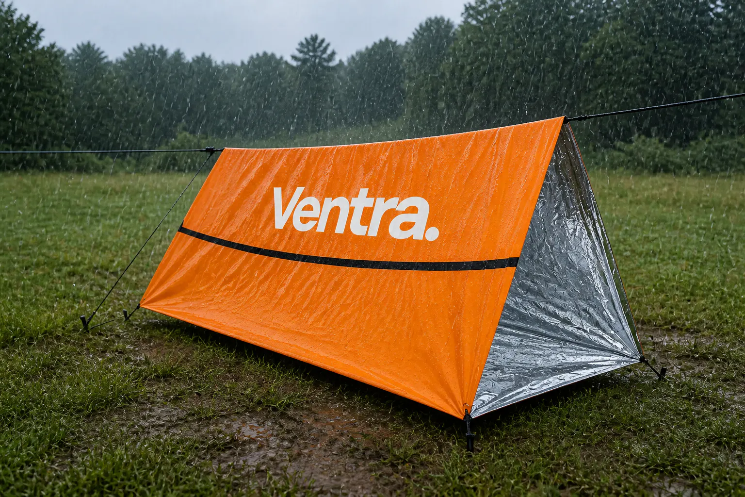 Hands pulling taut on the orange mylar shelter material to show it holds