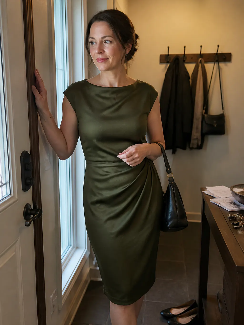 A woman fastening the Ventra closure in front of a bedroom mirror before an evening out