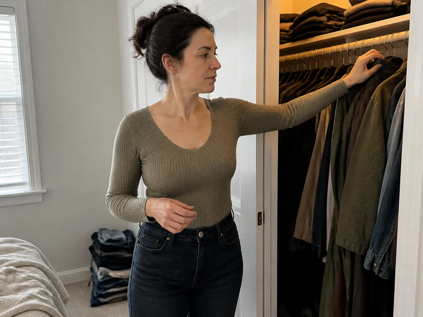 A woman in a fitted top on an ordinary weekday morning