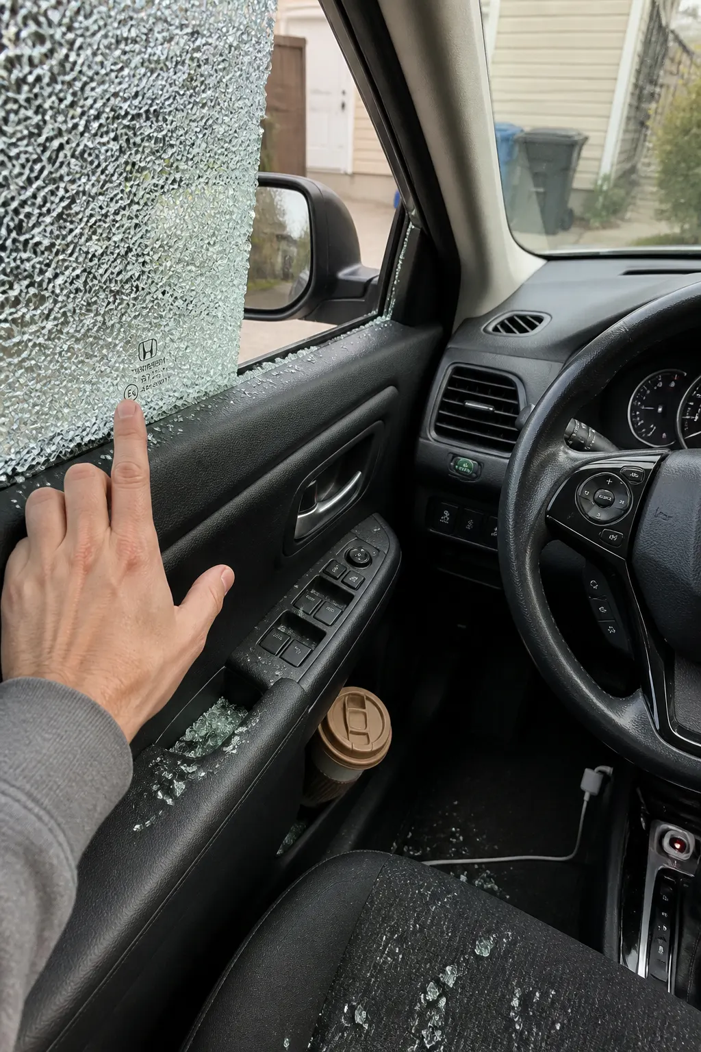 Close-up of a car window corner with the glass-type marking