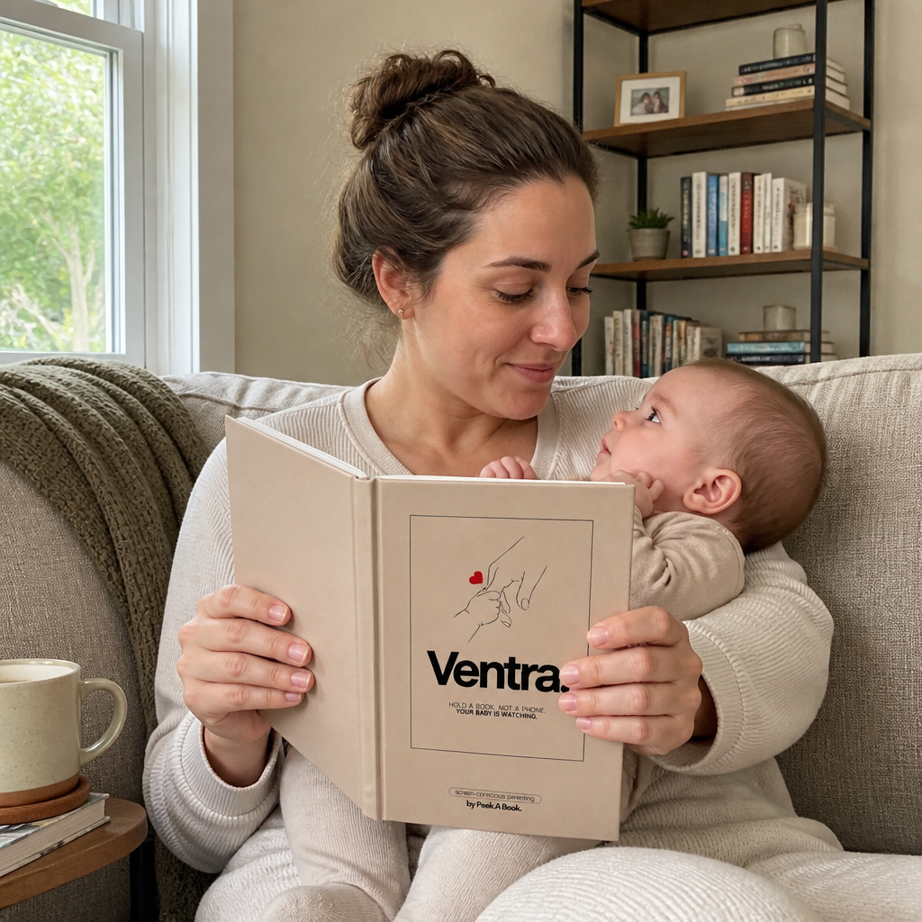 Mother reading an open book while her baby watches her face
