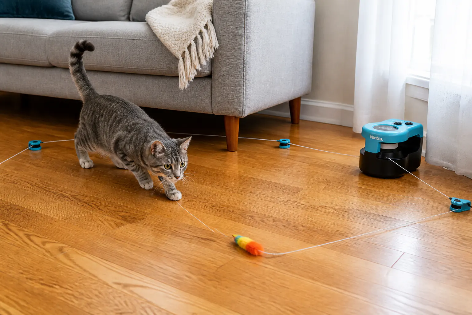 A cat pouncing on the fast-moving furry lure