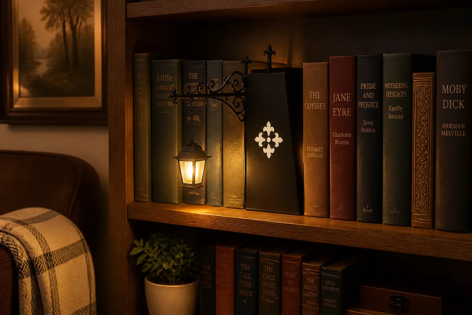 The lantern glowing warm on a cozy bookshelf at night