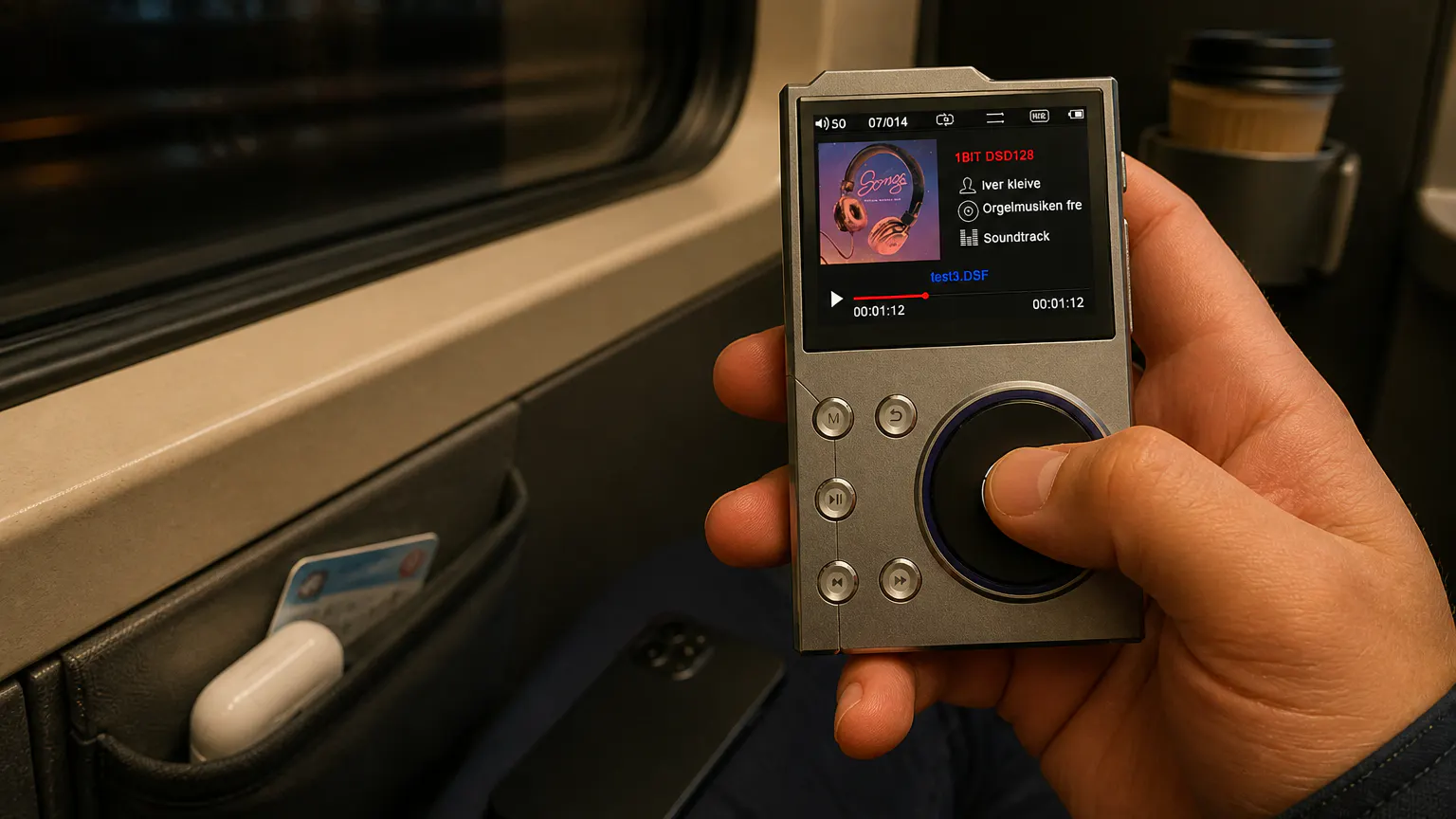Thumb on the PocketTunes scroll wheel, smartphone face-down beside it