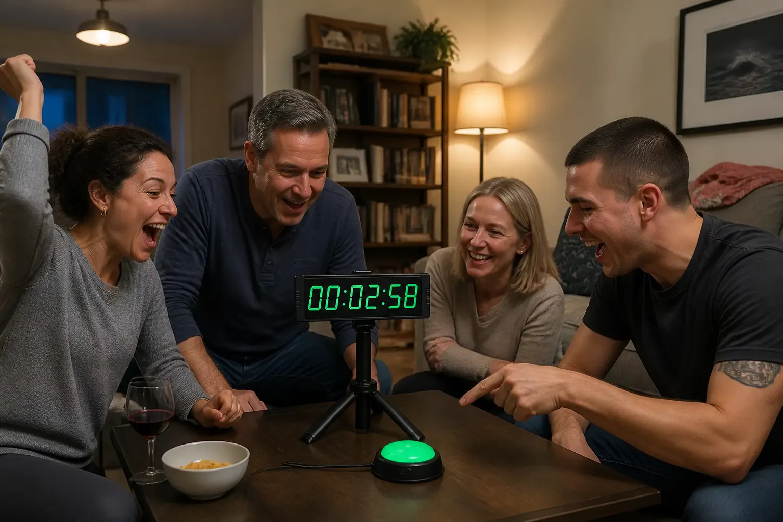 The room alive with people playing, button glowing, LED showing a near-miss