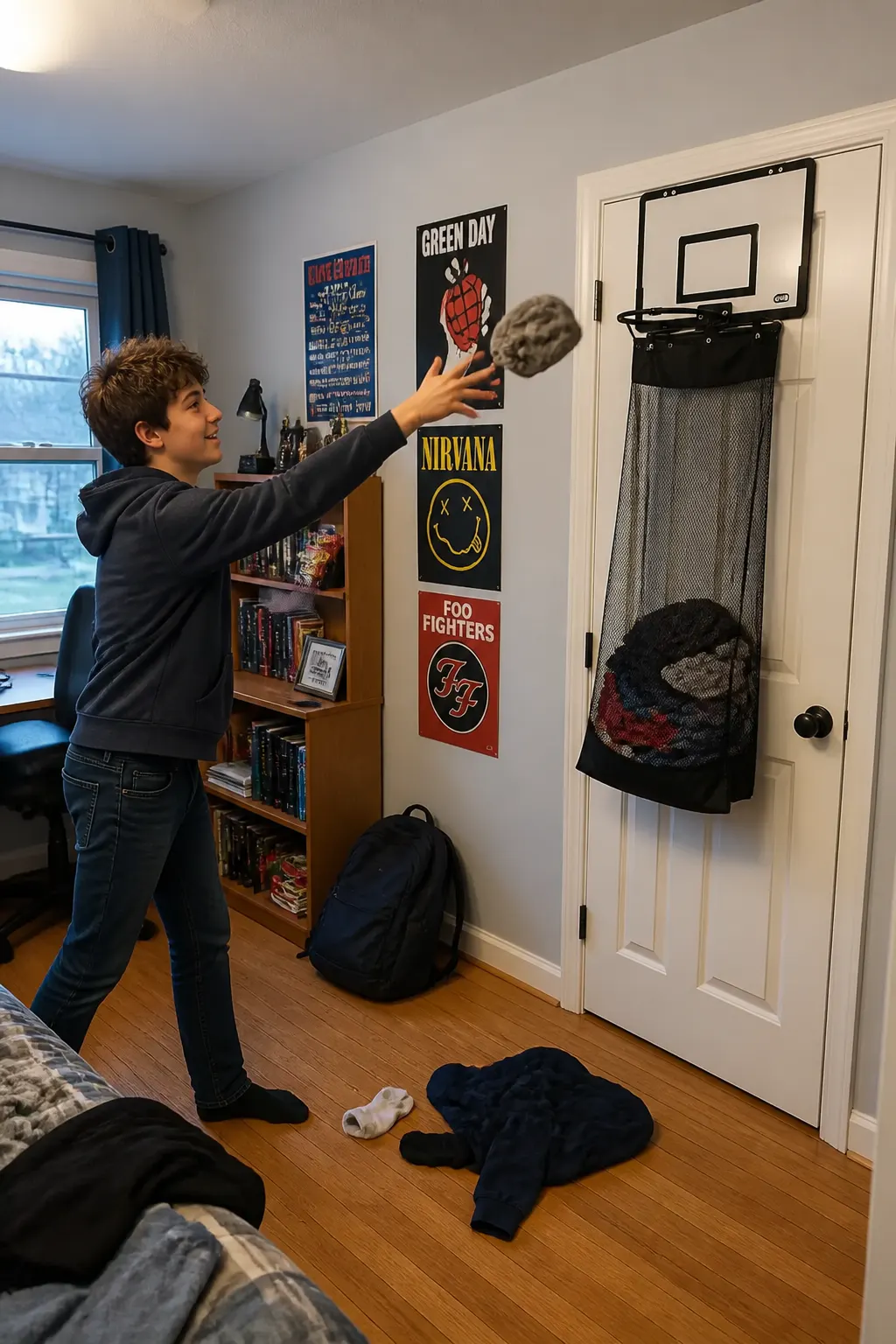 A kid shooting a wad of clothes through the reinforced basketball hoop hamper on his bedroom door