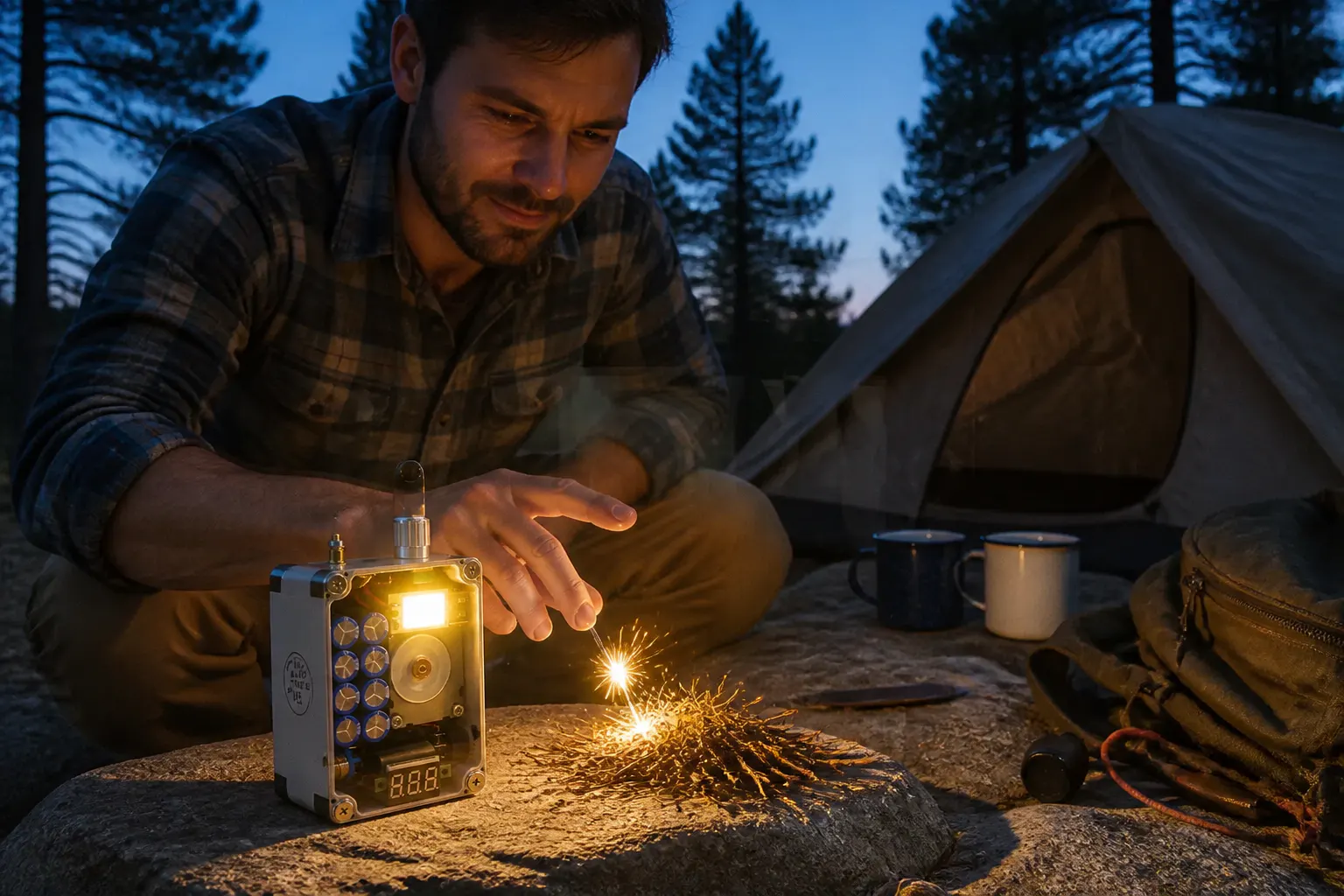 Ventra used at a campsite for light and starting a fire