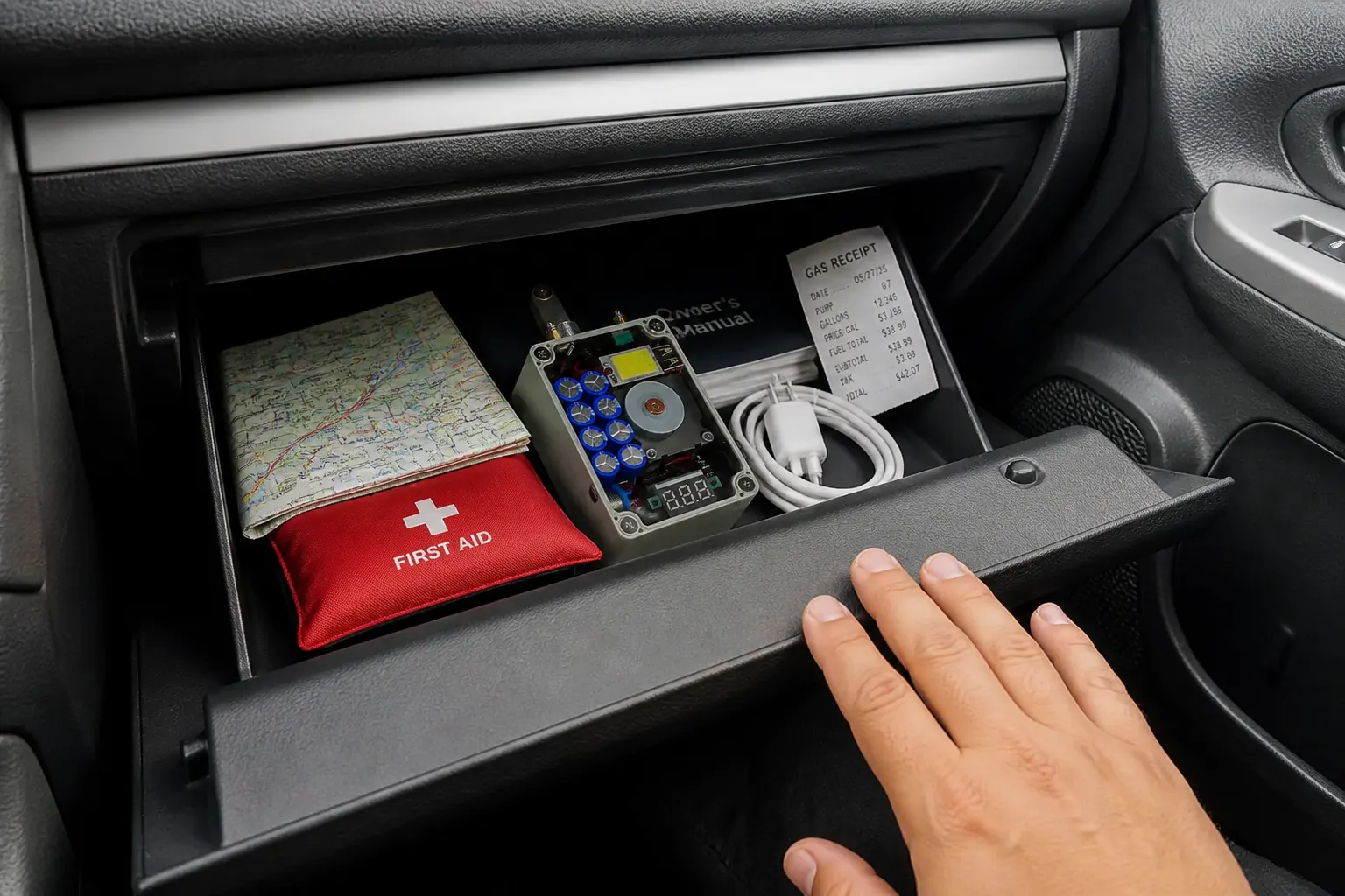 Ventra stashed in a car glovebox as an emergency backup