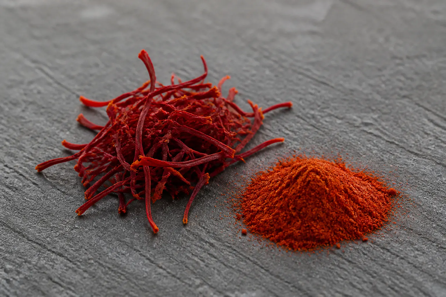 Macro of red-orange saffron threads and powder