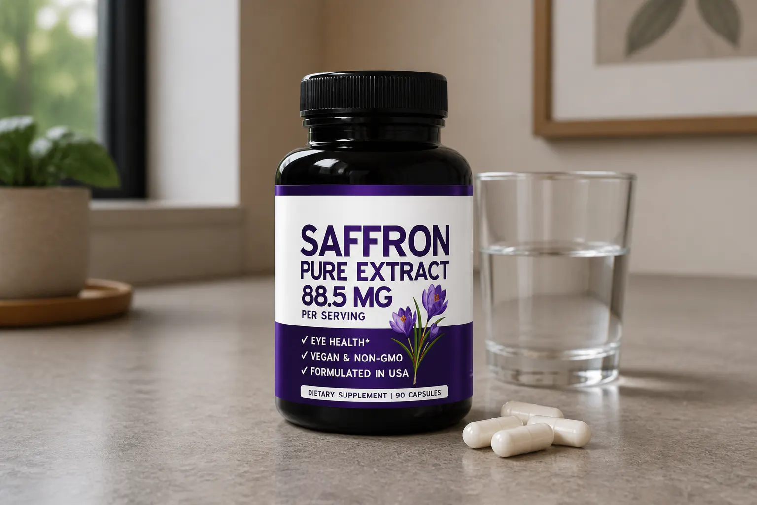 White vegetable capsules beside the opaque black bottle