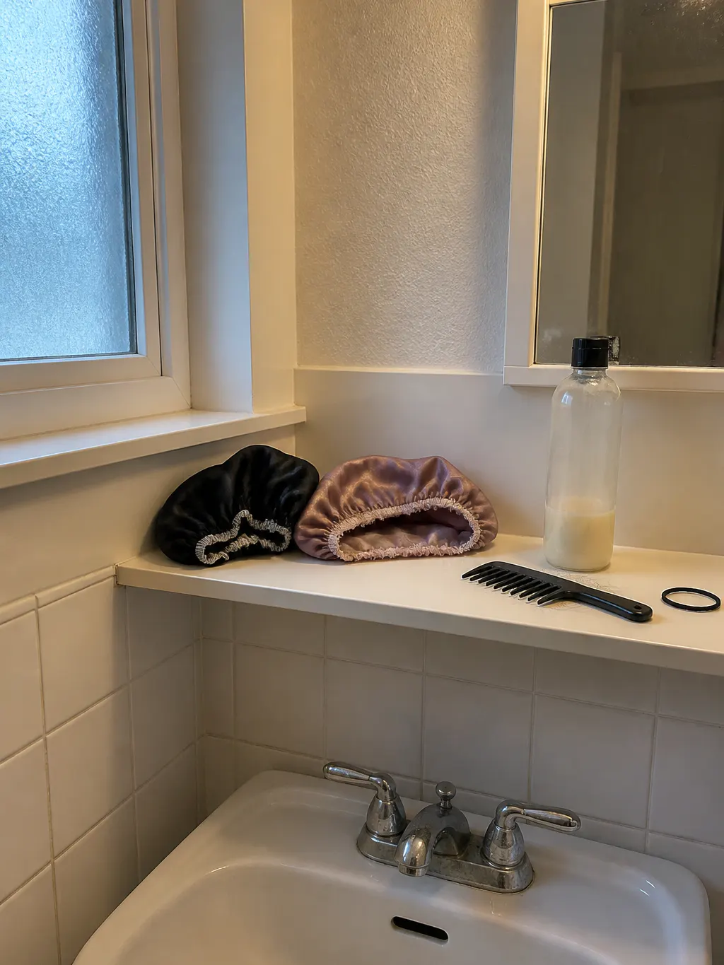 Two old worn bonnets on a bathroom shelf, elastic gone slack
