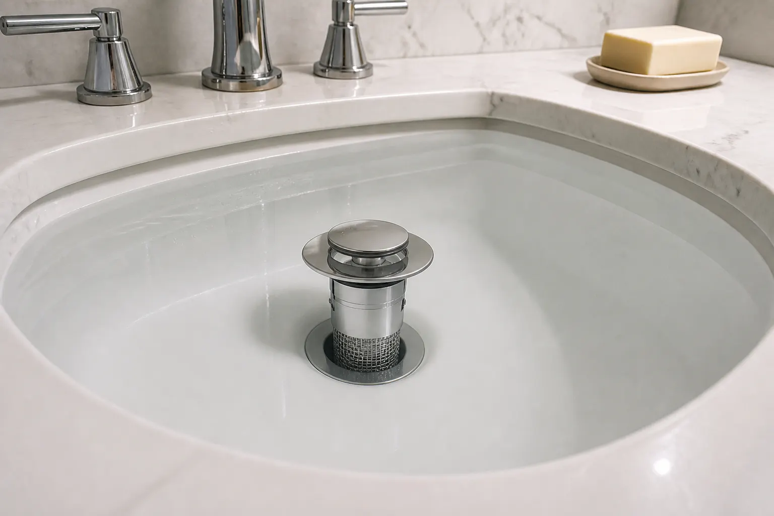 Chrome cap pushed down and sealed, basin filling with water