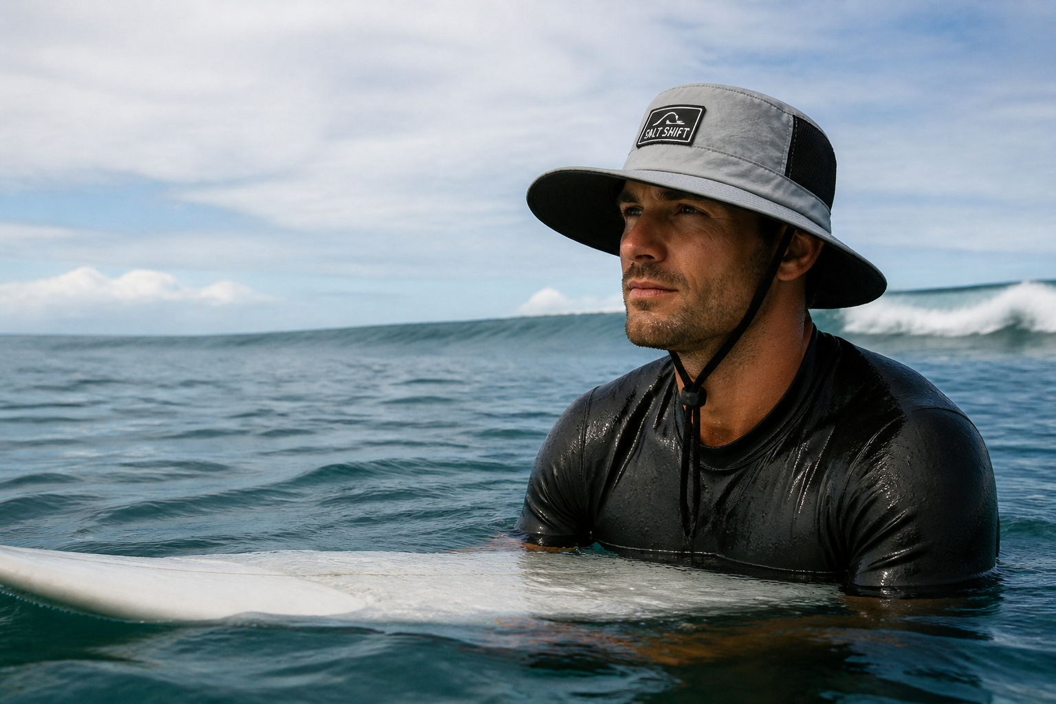 Experienced surfer wearing the Ventra surf hat in the lineup