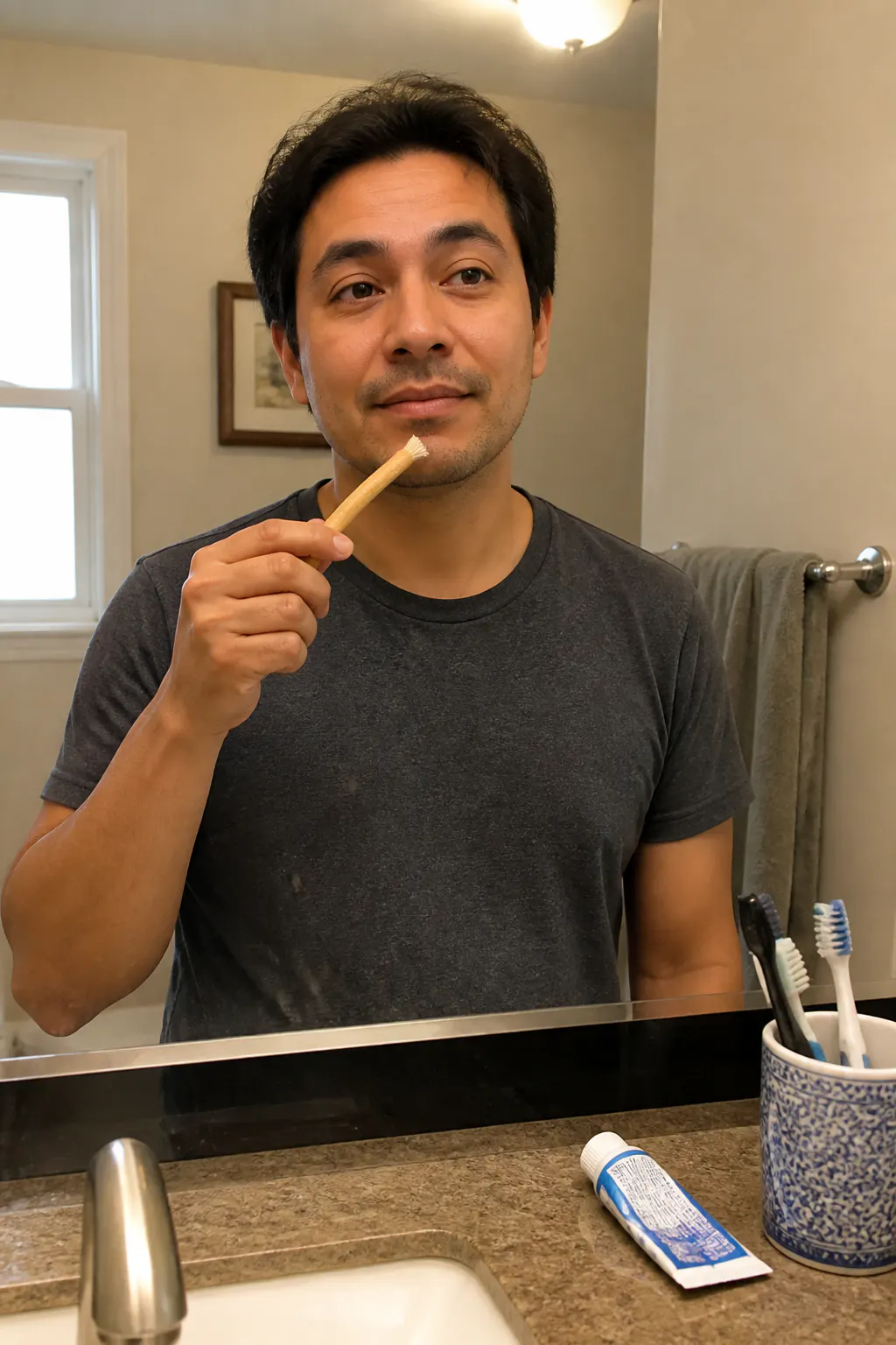 Raw Salvadora persica miswak stick with frayed fiber tip