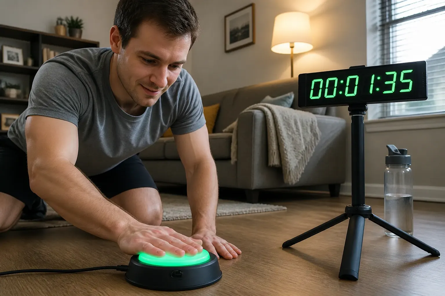 A hand slamming the lit arcade buzzer as the timer counts