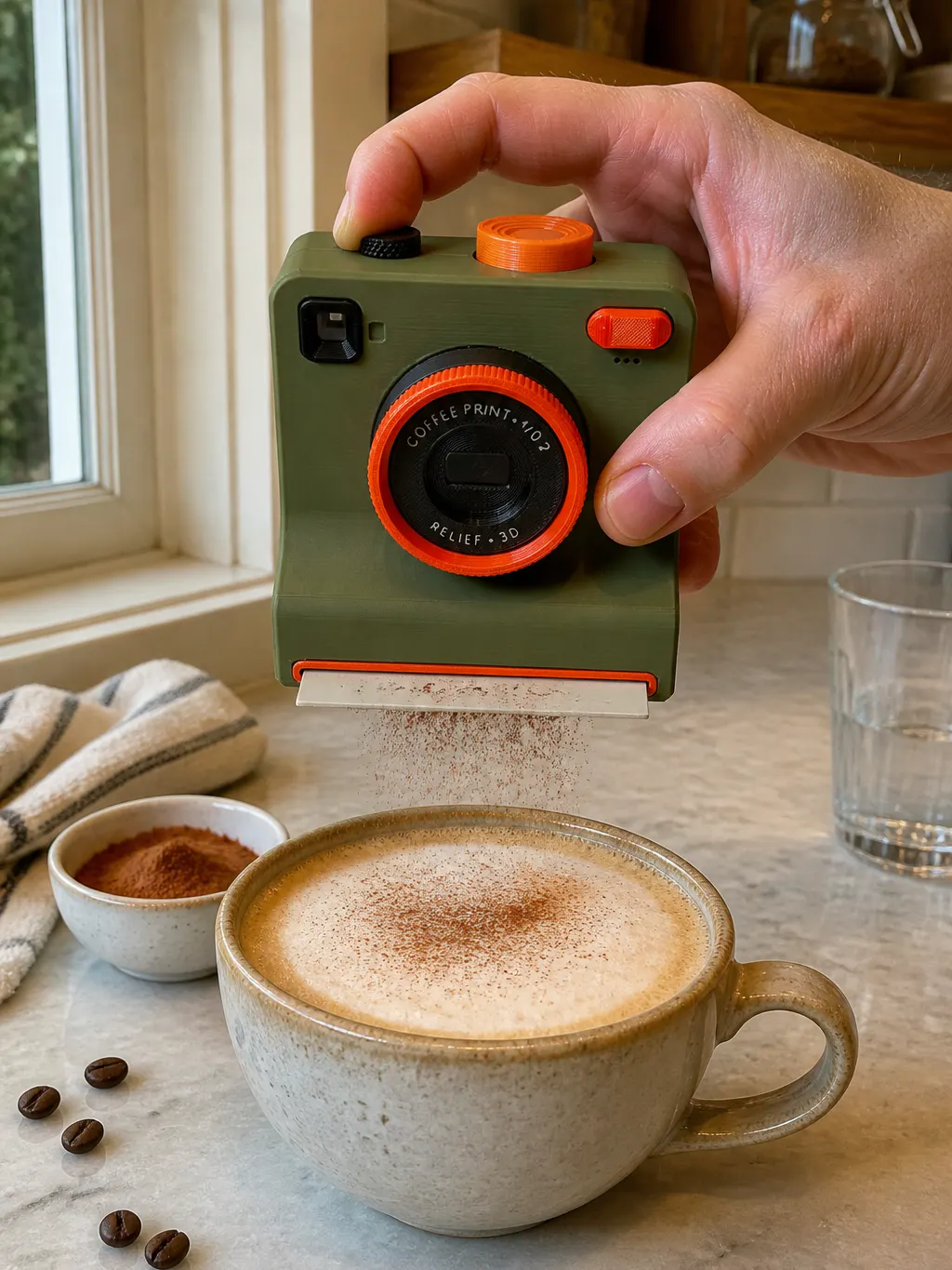 The Latte Camera held above a cappuccino, thumb on the button