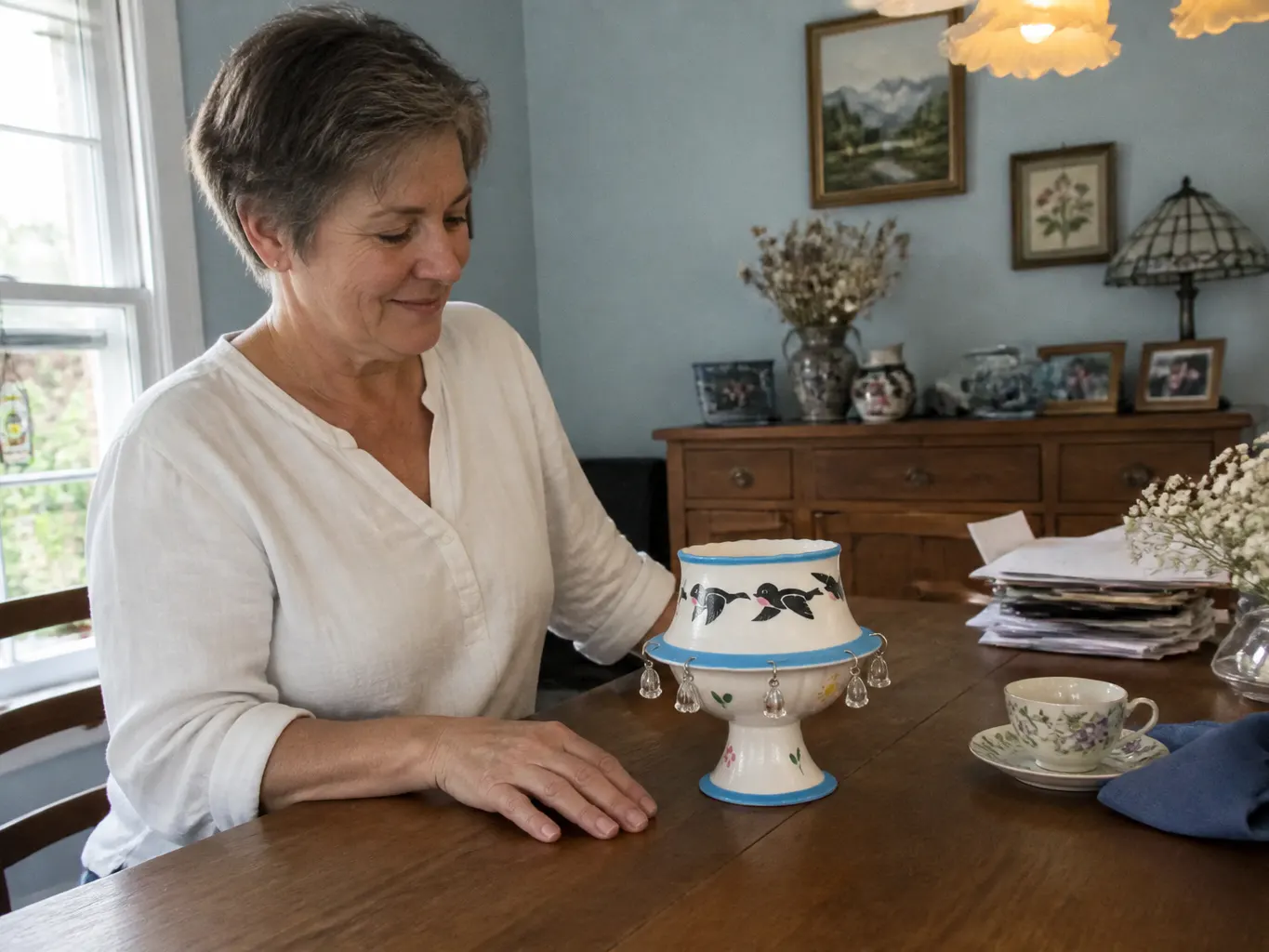 Rings resting in the pedestal bowl on a bedside table