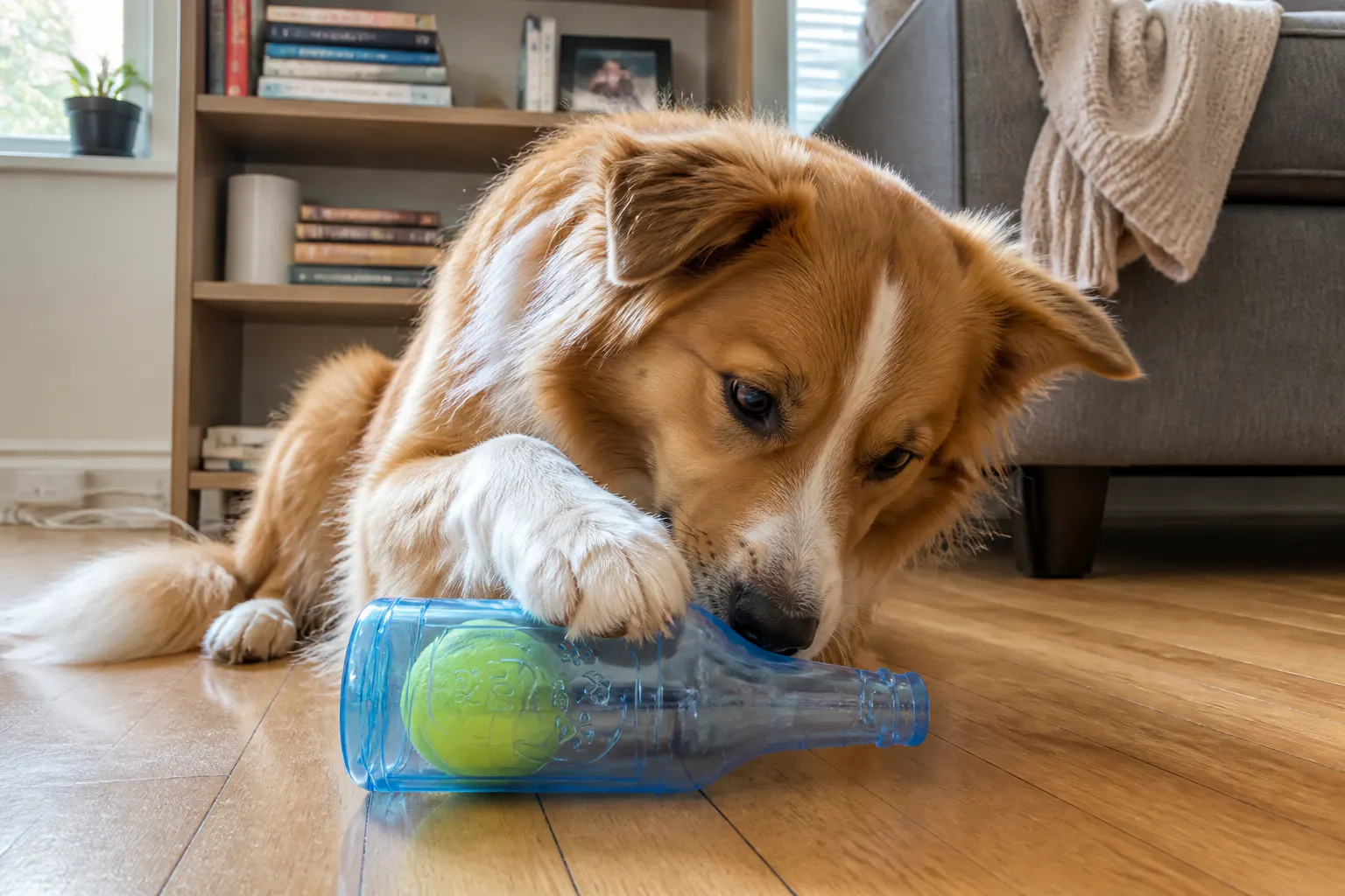 Dog grabbing the bottle toy, no prep needed